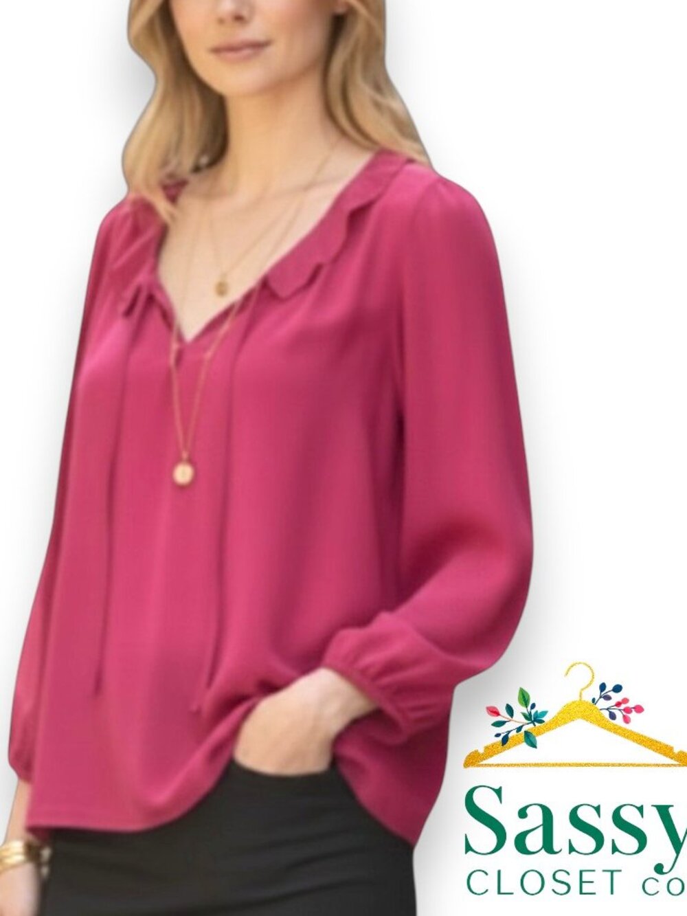 ✨ LOFT Burgundy Pink Ruffle Scoop Neck Blouse MP Tie Blouson Sleeve ❤️